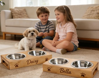 Suporte para tigela de cachorro personalizado, comedouro elevado de madeira de bambu com tigela dupla de aço inoxidável, estação de alimentação para cães de pequeno a médio porte com nome personalizado.