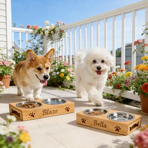 Peut inclure: Deux stations d'alimentation pour animaux en bambou rectangulaires, chacune avec deux bols en acier inoxydable. Une station est gravée du nom Blaze et d'empreintes de pattes, l'autre du nom Bella et d'empreintes. Poignées en forme d'os.