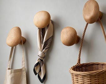 Crochets muraux en bois personnalisés - formes géométriques et galets - crochets muraux minimalistes scandinaves - porte-manteau personnalisé - suspension murale en bois naturel