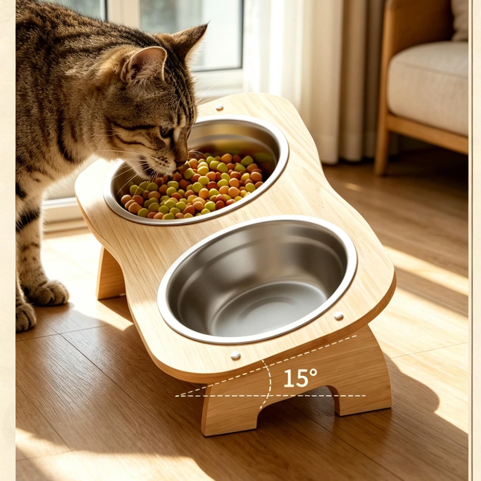 Custom Engraved Solid Wood Elevated Cat Bowl Stand With Stainless Steel