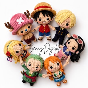 Paket med virkmönster för pirat-amigurumi – 7 anime-designer (PDF-nedladdning)