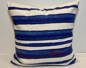 LOVE pillow cover, Ellen DeGeneres Fabric Decorative Pillow cover, Watercolor Stripes, Nautical Accent Pillow Cover