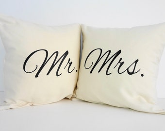 Mr. and Mrs. Throw Pillow Covers, Wedding Gift, Accent Decorative Pillows, Set of 2, WITH INSERTS,14 x 14, Cushion Covers