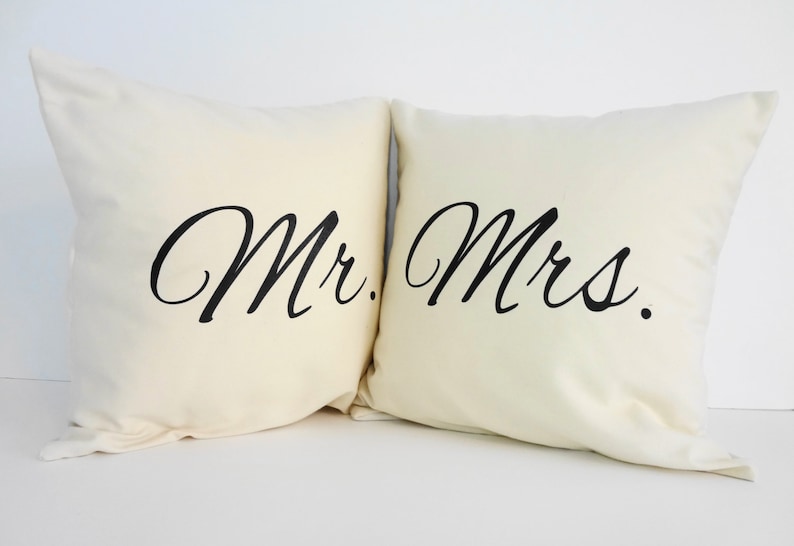 Mr. and Mrs. Throw Pillow Covers, Wedding Gift, Accent Decorative Pillows, Set of 2, WITH INSERTS,14 x 14, Cushion Covers image 1