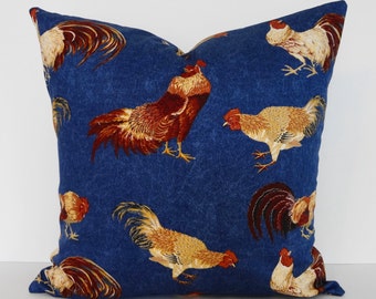 Rooster and Hen Decorative Pillow Cover,  Throw Pillow Cover, Blue, Brown, Kingsway Fabrics, Cushion Cover, 16 x 16, 18 x 18