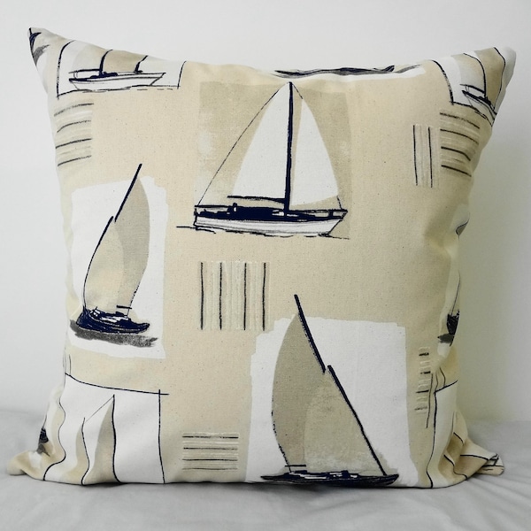 Sailboat Decorative Pillow Cover, Nautical Throw Pillow Cover , Beach Pillow, Grey Blue, Natural and White, from France, 20 x 20
