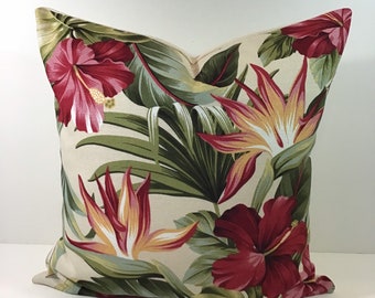 Hawaiian Pua Natural Kahala Tropical Bark Cloth, Decorative Pillow Cover, BB, Trendtex Fabrics, Hibiscus Pillow Cushion