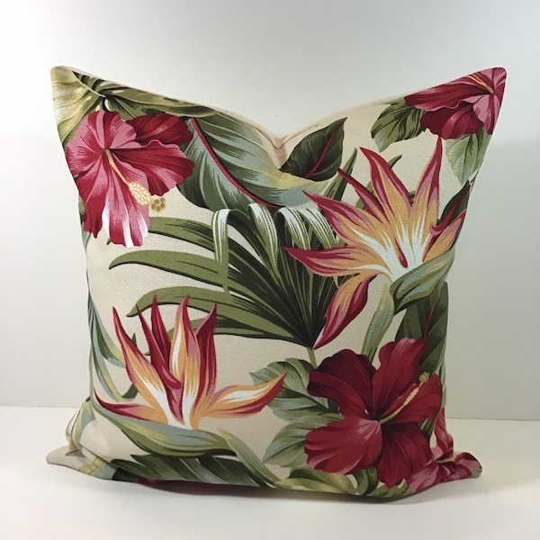 Hawaiian Pua Natural Kahala Tropical Bark Cloth, Decorative Pillow Cover, BB, Trendtex Fabrics, Hibiscus Pillow Cushion