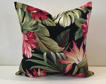 Hawaiian Barkcloth Pillow Cover: Black Tropical Floral Throw Cushion, FF