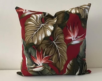 Hawaiian Barkcloth Pillow Cover: Red Bird of Paradise Print, DD