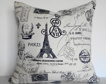 Shabby Chic Eiffel Tower Decorative Pillow Cushion, French Pillow, Paris Travel Stamp Passport Pillow Cover, Navy Blue, 18 x 18,  16 x 16
