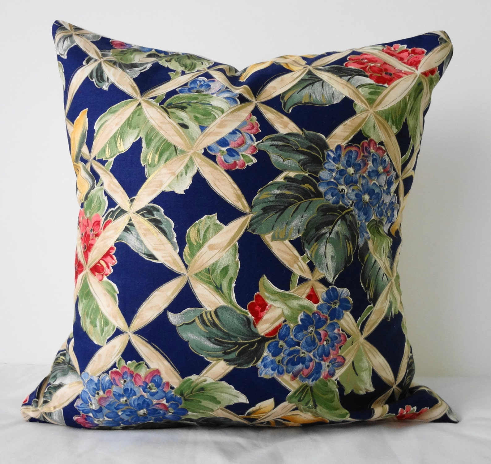 Flower Print Decorative Pillow Cover, Navy Blue 16x16, Cushion Throw