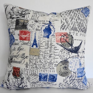 Funda de cojín de almohada de postal francesa - Funda de cojín decorativa Shabby Chic Decorative Traveler Stamp en rojo, blanco y azul, París, 16 x 16, 18 x 18
