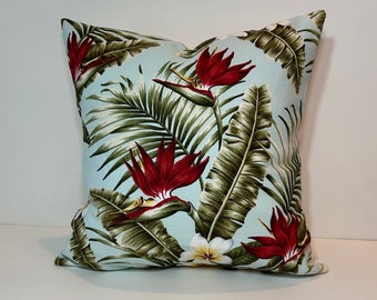 Hawaiian Bark Cloth Pillow Cover: Tropical Birds of Paradise Cushion, Blue
