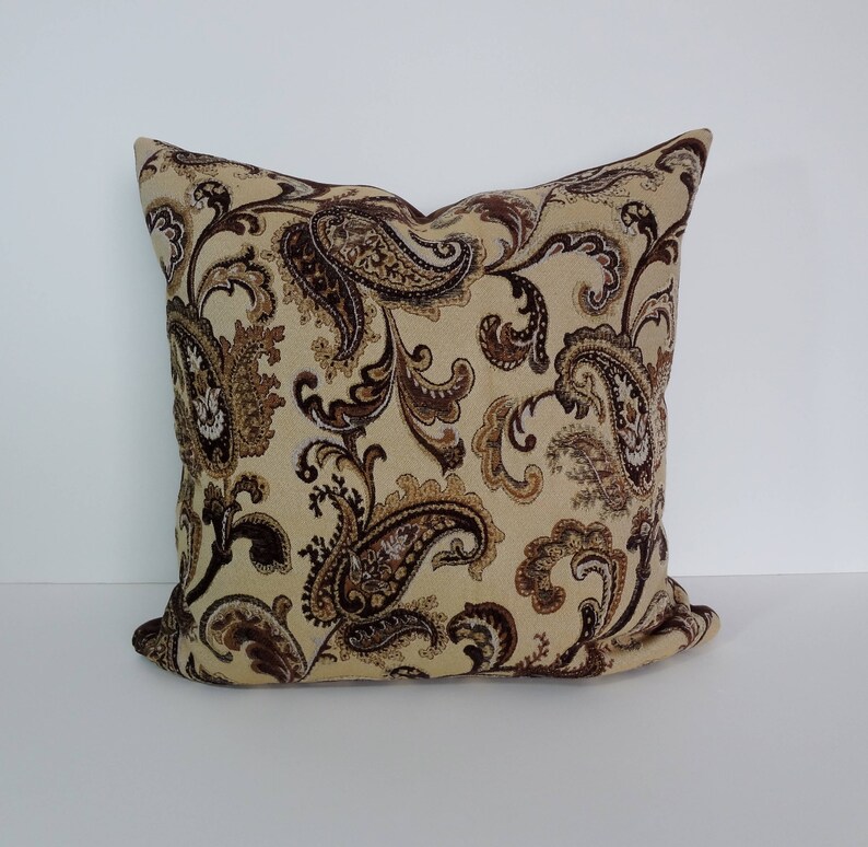 20 x 20 Brown and Beige Chenille Pillow Cushion Paisley Decorative Pillow Cover