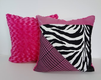 Funky, Hot Pink, 70s Pillow Cover, Retro Throw Pillow Cushion, Zebra Print, Harringbone Print, 80s pillow, 18 x 18