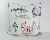 Pillow Cover, Red, White and Blue Pillow Cushion, Lobster, Crab, Fish, Throw Pillow Cover