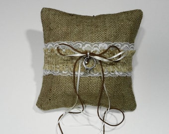 Burlap Ring Bearer Pillow, Burlap and Lace Ring Pillow, Wedding Party, Rustic Pillow