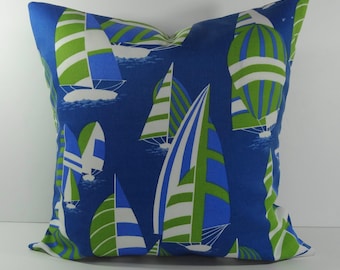 Sailboat Pillow Cover, Robert Allen Fabrics, Designer Pillow Cover, Nautical Throw Pillow, Green and Blue, Sailboat, 14 x 14, 20 x 20