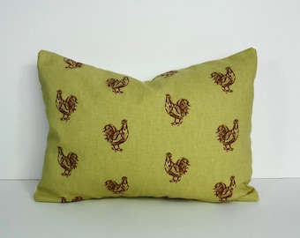 Rooster Farmhouse Decorative Pillow Cover, HenThrow Pillow Cover, Lumbar Cushion Cover, 12 x 16, gold and red