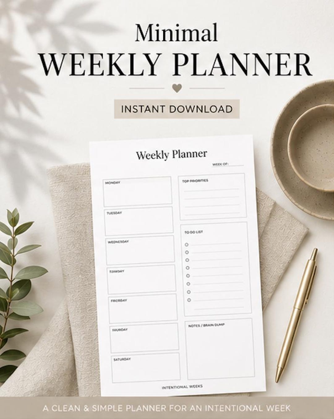 Minimal Weekly Planner Printable | Undated Productivity PDF (digital ...