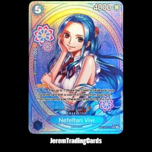 May include: A holographic trading card featuring Nefeltari Vivi with long blue hair, wearing a white top with a red tie. The card displays the text Nefeltari Vivi, 4000 power, cost 5, and game instructions in a blue, purple, and gold ornate frame.