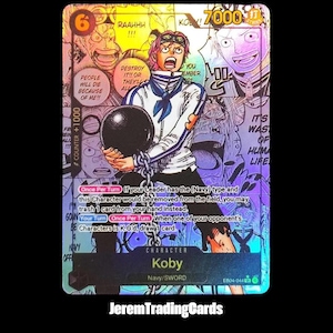 May include: A holographic trading card featuring the character Koby from the Navy/SWORD series. The card has a blue and white color scheme, with the character holding a black ball and chain. The card includes text and a counter of +1000.