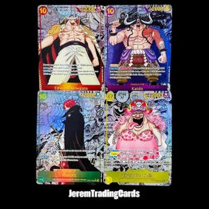 May include: Four One Piece trading cards featuring Edward Newgate, Kaido, Shanks, and Charlotte Linlin. Each card displays a character illustration, a power level of 12000, a cost of 10, and detailed game text against a manga-style background.