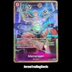 May include: A holographic trading card featuring a muscular, bald character with floating orbs. The card has text including "Mamaragan" and "Sky Island." The card's background has blue and orange hues. The card is from the OP15-078 set.