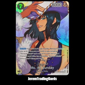 May include: A holographic trading card featuring Ms. All Sunday with dark hair and a purple hat. The card displays a power level of 8000, a cost of 7, and text detailing the On Play ability to play Baroque Works character cards from the hand or trash.