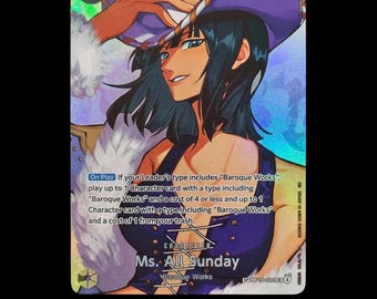 Puede incluir: Una carta coleccionable holográfica de Ms. All Sunday con cabello oscuro y un sombrero morado. La carta muestra un nivel de poder de 8000, un coste de 7 y texto que detalla la habilidad On Play para jugar cartas de personaje de Baroque Works.