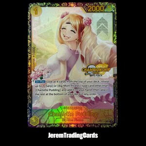 Pode incluir: Um cartão colecionável holográfico com Charlotte Pudding de One Piece. O cartão tem uma borda dourada e o texto "CHAMPIONSHIP 2024 ONE PIECE". A personagem é retratada em um vestido branco com rosas cor-de-rosa. O texto "COUNTER +1000" também está presente.