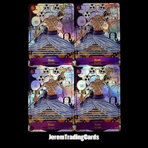 May include: Four trading cards featuring the character Enel from Sky Island. Each card has a purple and gold design with the number 6 and the text "8000". The character is depicted with a staff and a blue garment. The text "JeremTradingCards" is at the bottom.