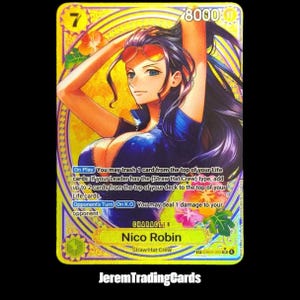 May include: A One Piece trading card featuring Nico Robin with long dark hair, wearing a blue top and orange sunglasses. The card has a yellow border, a power level of 8000, and text detailing game mechanics including On Play and On K.O. effects.