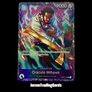 May include: A trading card featuring Dracule Mihawk from "The Seven Warlords of the Sea." The card has a purple and blue background with a character illustration. The card's text includes "9000" and "On Play" instructions. The card is labeled "JeremTradingCards."