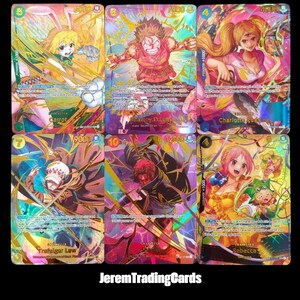 Può includere: Sei carte collezionabili rettangolari disposte su due file, con illustrazioni colorate in stile anime di personaggi tra cui Carrot, Monkey D. Luffy, Charlotte Pudding, Trafalgar Law, Shanks e Rebecca, con il testo JeremTradingCards in basso.