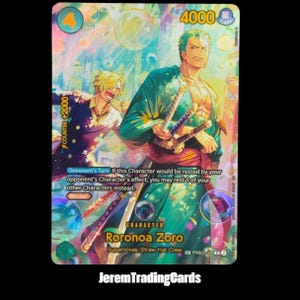 May include: A trading card featuring Roronoa Zoro from the Supernovas/Straw Hat Crew. The card has a green and blue colour scheme with the number 4 and the text "4000". The card also includes the text "COUNTER +2000" and "Blocker". The card is from JeremTradingCards.