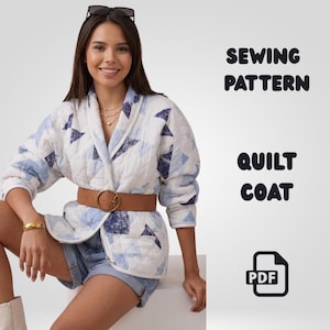 May include: A quilted coat featuring a white and blue geometric triangle pattern, long sleeves, and a shawl collar. The coat is cinched at the waist with a wide brown belt with a gold buckle. Text on the right reads SEWING PATTERN QUILT COAT PDF.