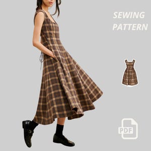 May include: A brown plaid dress with a square neckline and a flared skirt. The dress has pockets and a tie-back detail. The image also includes a small illustration of the dress and the text "SEWING PATTERN".