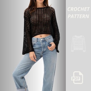Crochet Sweater Pattern PDF, Mesh Fishnet Pullover, Women’s Oversized Crochet Top, Long Sleeve Boho Sweater, Loose Fit Knit Look Jumper