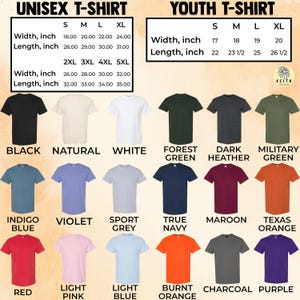 May include: A variety of unisex and youth t-shirts in various colors, including black, white, and indigo blue. The image displays size charts with measurements in inches for both unisex and youth sizes. The text on the image reads "UNISEX T-SHIRT" and "YOUTH T-SHIRT".