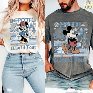 May include: Two t-shirts, one cream and one gray, featuring the text "EPCOT World Tour." The cream shirt has a Minnie Mouse graphic, and the gray shirt has a Mickey Mouse graphic. Both shirts have blue and white graphics of landmarks.