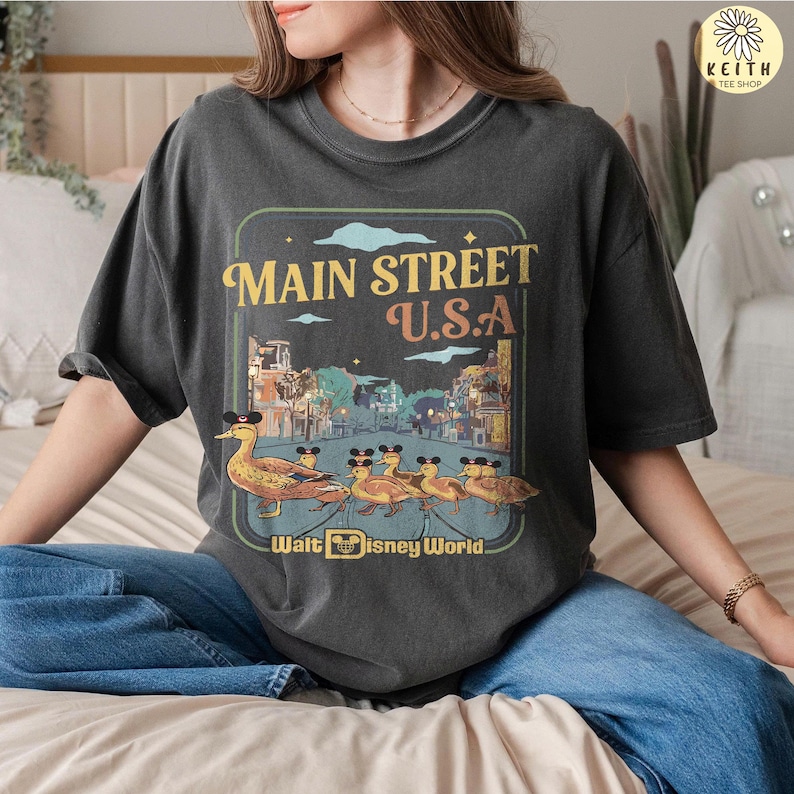 Comfort Colors Disney Duckling Main Street USA T Shirt, Walt Disney World Magic Kingdom Tee, Cute Animal Lovers Gift, WDW Family Trip Outfit Pepper/Charcoal