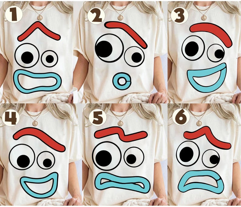 May include: A collection of six cream-colored t-shirts, each featuring a different cartoon face design. The faces have black eyes, red eyebrows, and blue mouths. The designs showcase a range of emotions, from happy to sad.