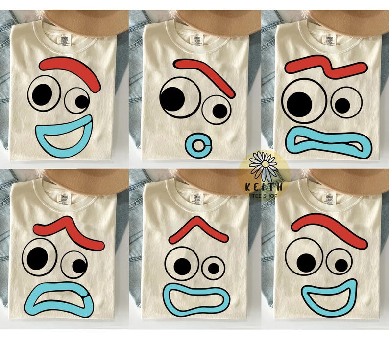 May include: Cream-colored t-shirts with various cartoon face designs. Each shirt features a different expression with black eyes, red eyebrows, and blue mouths. The text "KEITH TEE SHOP" is visible.