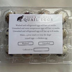 Può includere: Un contenitore di plastica trasparente contenente una dozzina di uova di quaglia macchiate. Un'etichetta recita "FRESH & DELICIOUS QUAIL EGGS" con informazioni sulla conservazione e un confronto con le uova di gallina. Le uova sono marroni chiare con macchie marroni scure.