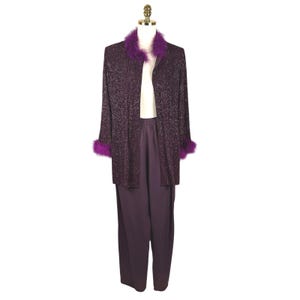 Vintage R&M Richards Purple Glitter Duster Pant Set Fur Trim 70s Disco Lounge 2p