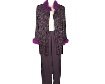 Vintage R&M Richards Purple Glitter Duster Pant Set Fur Trim 70s Disco Lounge 2p