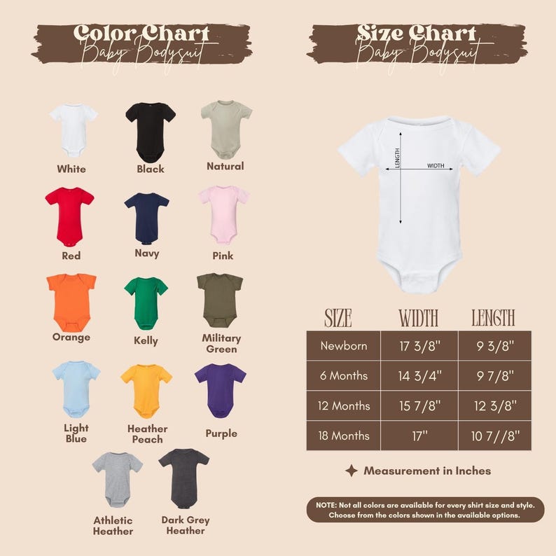 The image is a color chart and size chart for a baby bodysuit, displaying various color options and corresponding measurements.