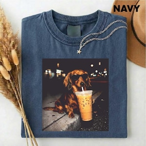 Dachshund Drinking Iced Coffee T-shirt, Vintage Funny Dog Graphic Apparel, Wiener Dog Sweatshirt, Sausage Dog Top, Trendy Dog Unisex Tee image 2